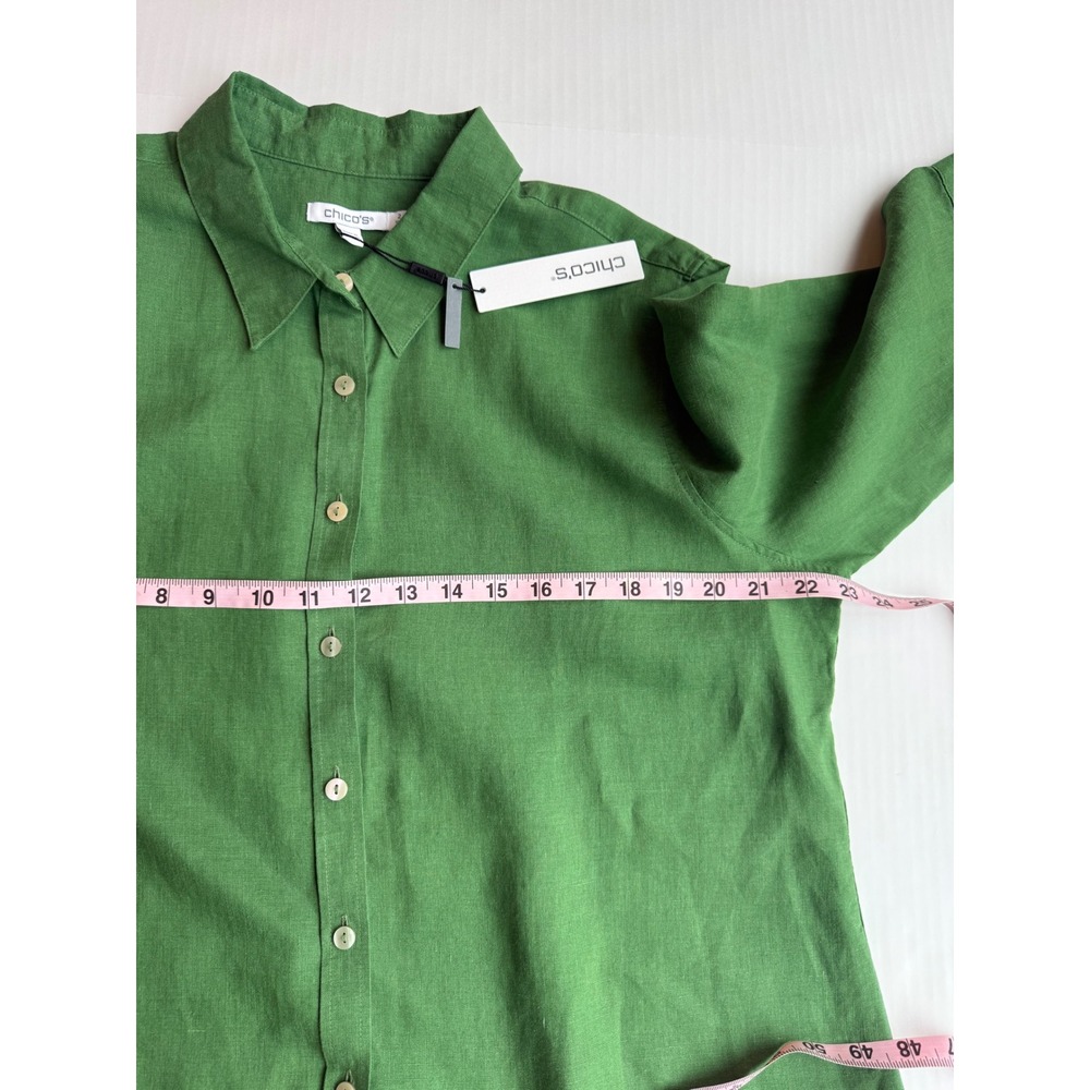 Chico's 100% Linen Button Down Shirt Green Size 2 US 12 Long Sleeve Top NWT - Picture 5 of 7